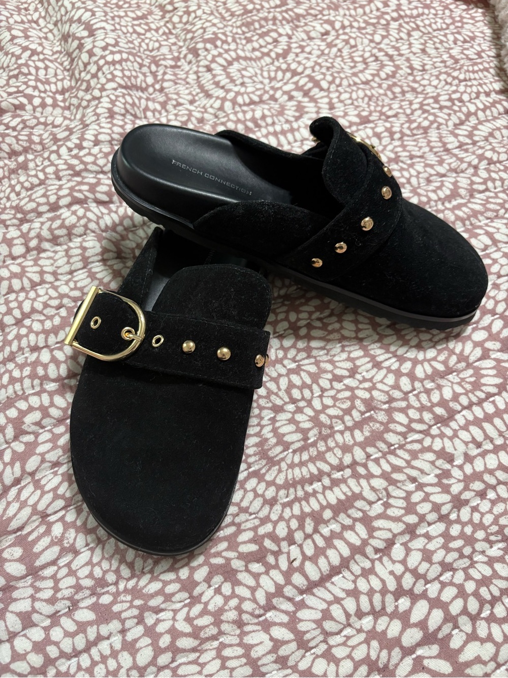 French Connection Black Suede Mule Slides with Gold Buckle and Studs
